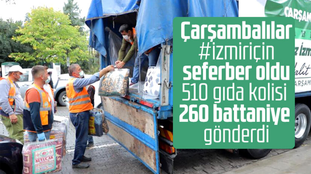 Samsun'un Çarşamba ilçesinden İzmir'e 510 gıda kolisi, 260 adet battaniye gönderildi