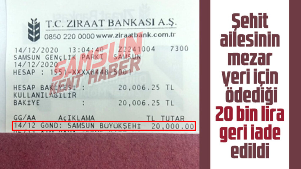Samsun Büyükşehir şehit ailesinden alınan 20 bin lira mezar yeri parasını iade etti
