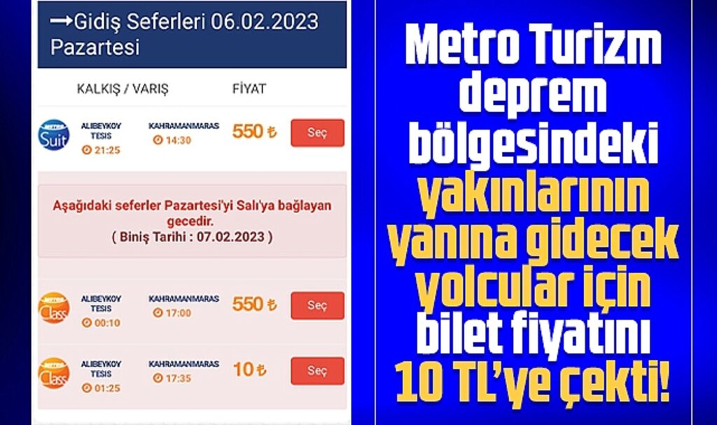 Metro Turizm Kahramanmaraş ve Gaziantep bilet fiyatını 10 TL yaptı