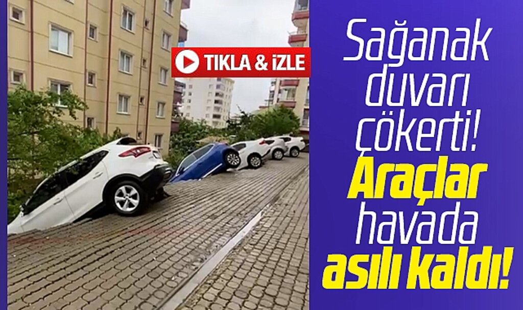Samsun'da sağanak yağmur duvarı çökertti, otomobiller havada asılı kaldı