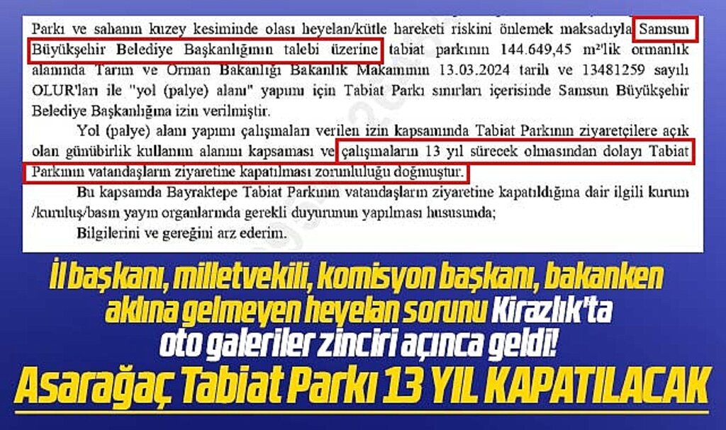 Samsun'da Asarağaç-Bayraktepe Tabiat Parkı 13 yıl kapatılacak!