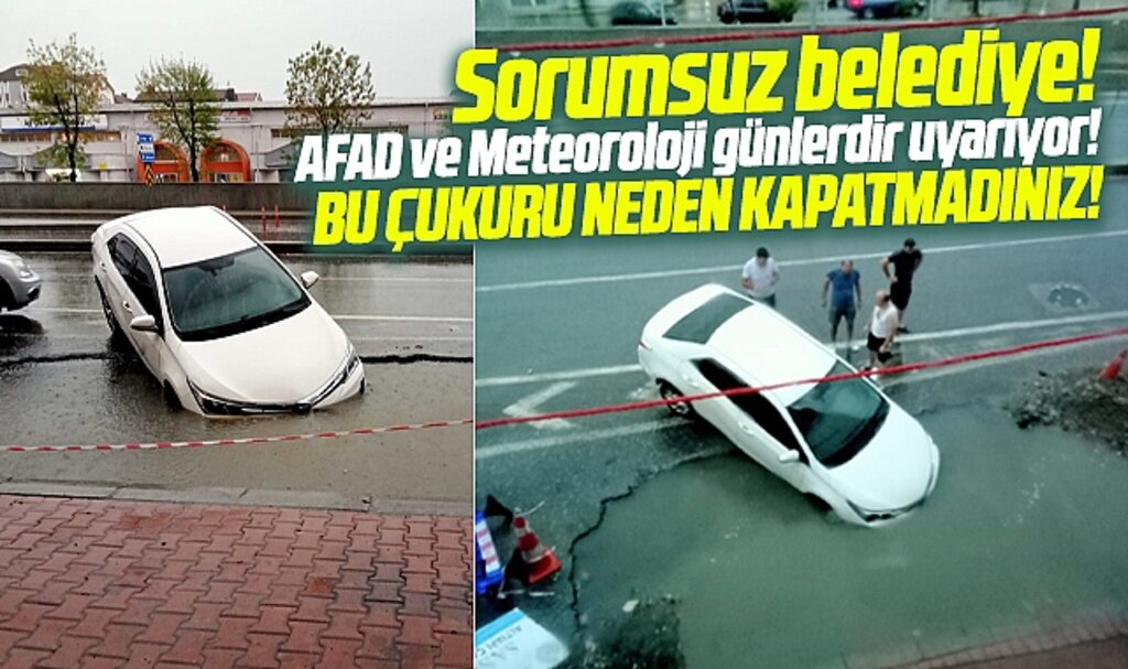 Samsun Bafra'da yağmur sırasında kapatılmayan çukura araç düştü