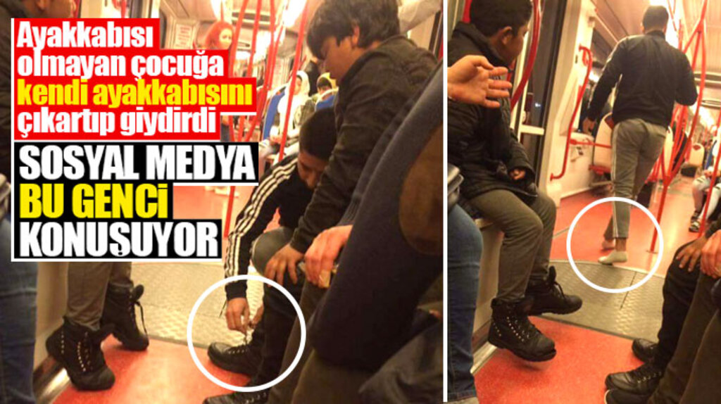 Samsun tramvayda çıplak ayaklı çocuğa kendi ayakkabısını giydiren genci konuşuyor